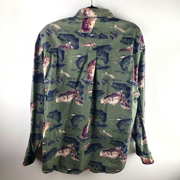 Men's The North River Green Button Up Long Sleeve Bass Fish Shirt Size Large - Picture 2 of 11